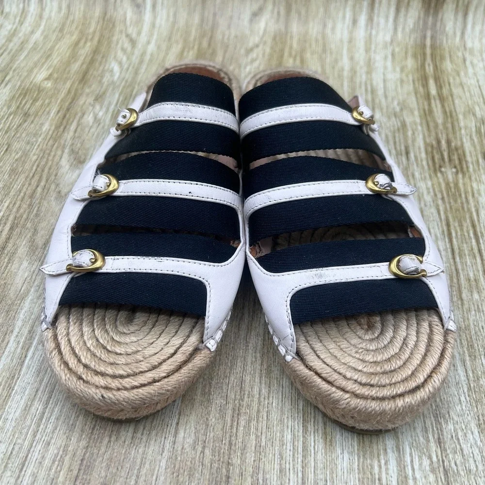 Coach Devon Espadrille Sandals Women's Size 6 White Leather Buckle Striped